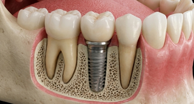 Cross-section diagram of a dental implant screw and crown integrated into the jawbone between natural teeth.