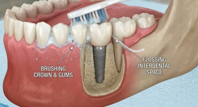 <br />
Demonstration of brushing a dental implant crown and flossing the interdental space for simplified maintenance.