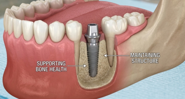 <br />
Diagram showing a dental implant supporting bone health and maintaining jaw structure between natural teeth.